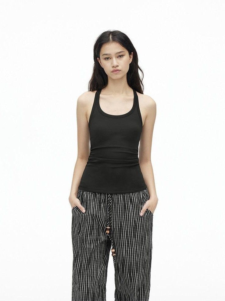 AFTADAWN Cropped Backless Beaded Ruched U Neck Slim Women&