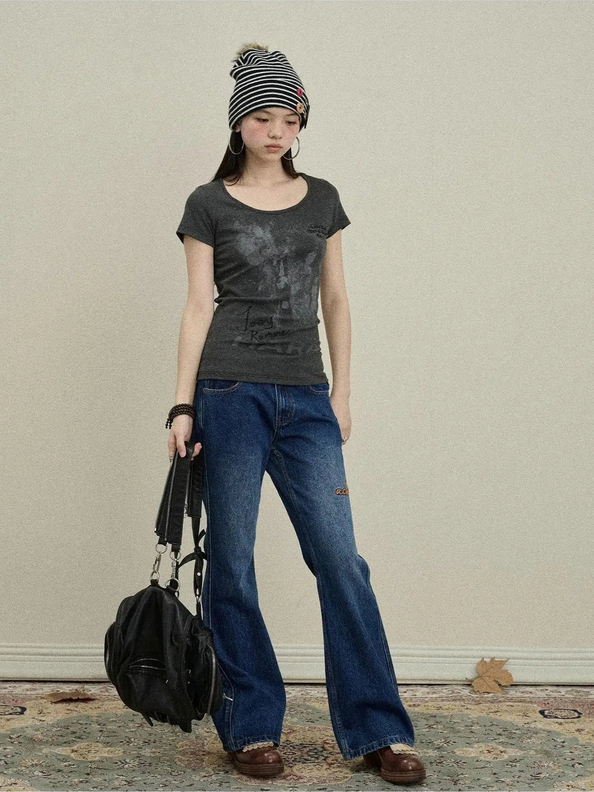 Achihara Embroidered Flared Jeans Distressed Denim Trousers