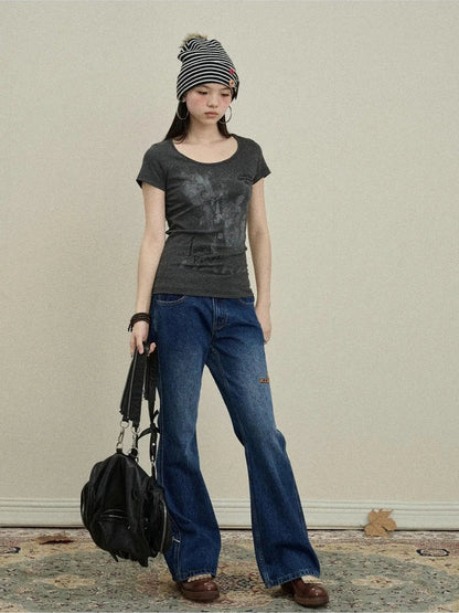 Achihara Embroidered Flared Jeans Distressed Denim Trousers