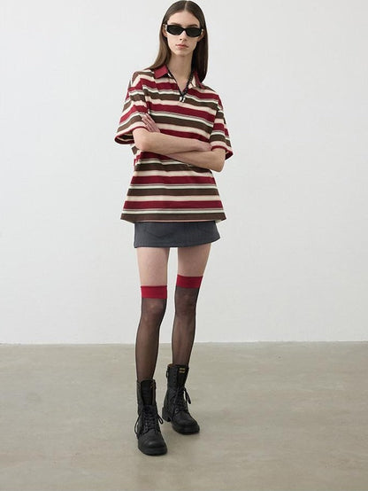 AFTADAWN Red Brown Striped Logo Polo Buttoned Women&