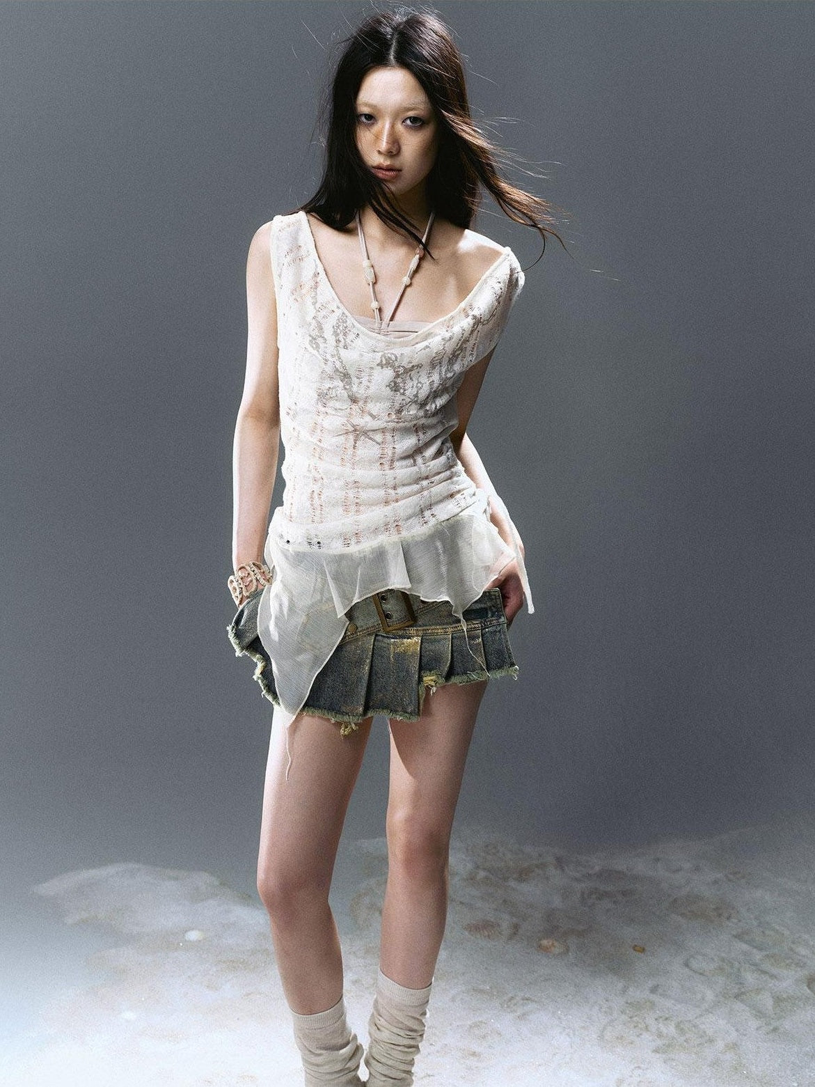 Cest Nous Beaded Printed Striped Asymmetrical Cutout Spliced Women&