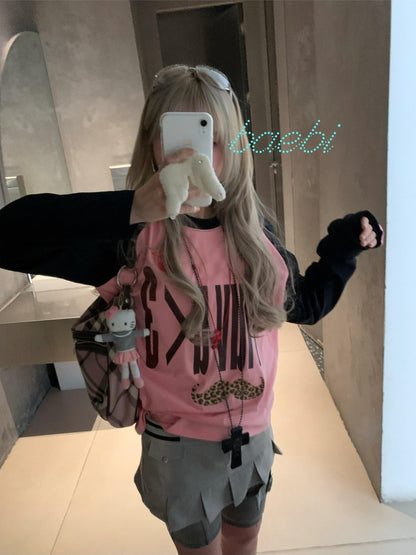 bae bi Retro Letter Leopard Print Raglan Colorblock Women&