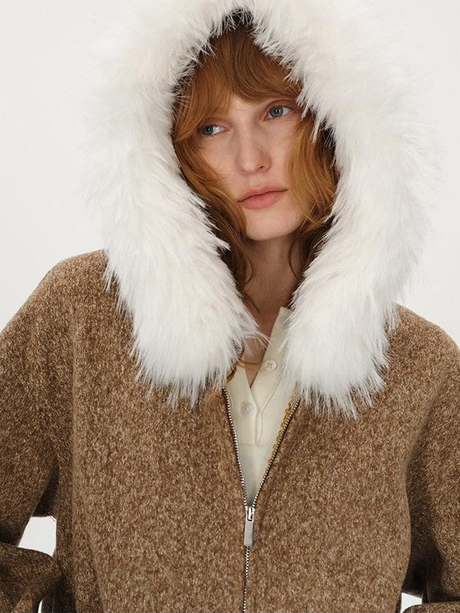 AFTADAWN Textured Woven Detachable Fur Collar Zipper Women&