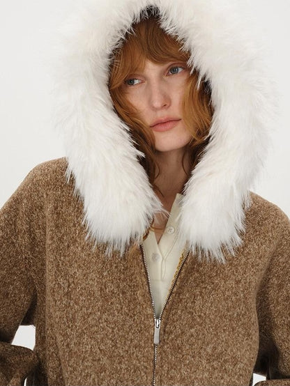 AFTADAWN Textured Woven Detachable Fur Collar Zipper Women&