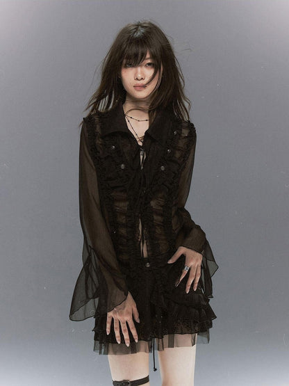 Cest Nous Court Lace Pleated Collared Placket Long Sleeve Women&