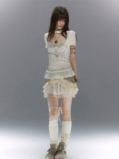 Cest Nous Butterfly Print Textured Lace Ruffle Women&