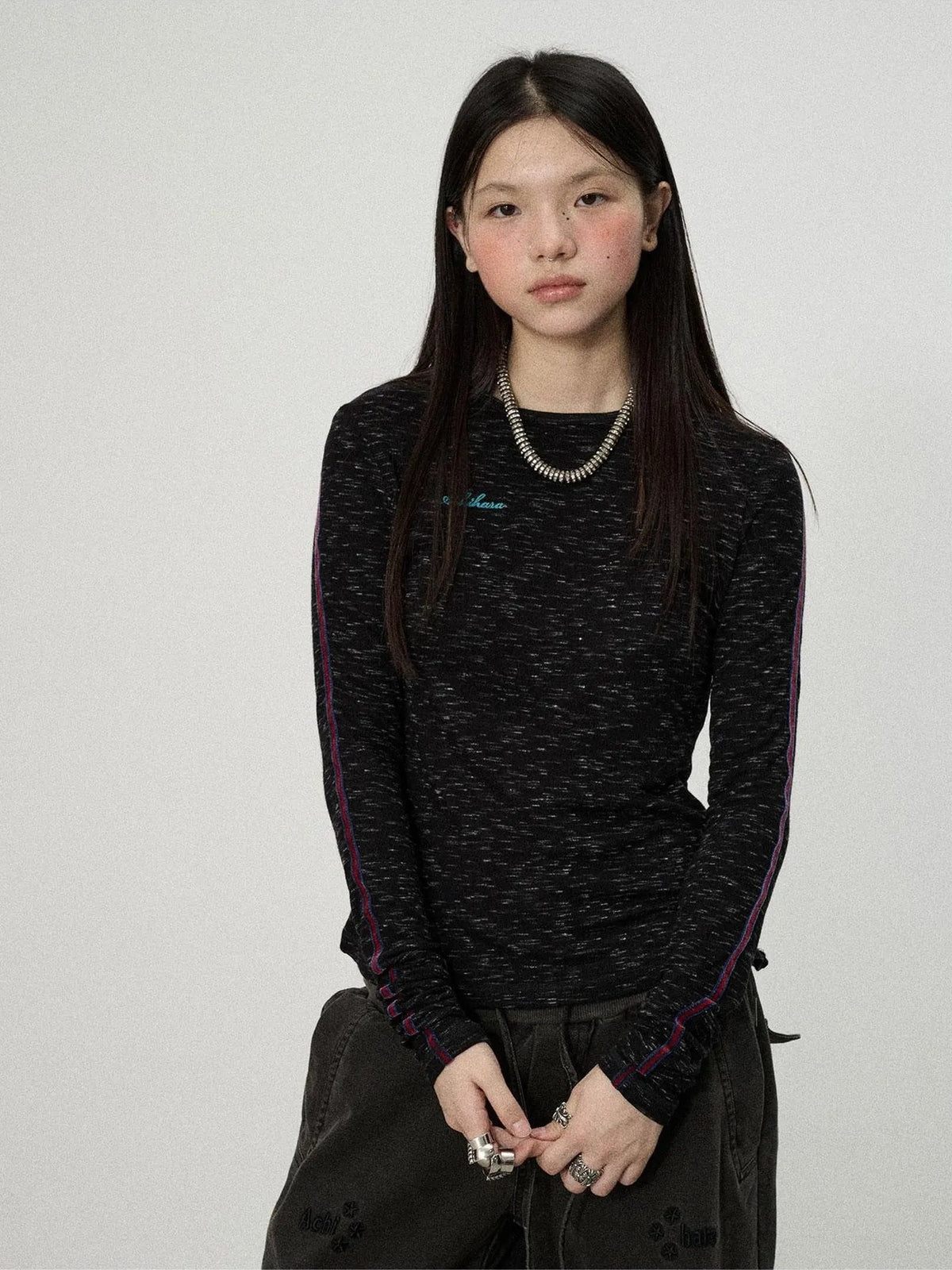 Achihara Striped Velvet Ribbed Long Sleeve V-neck Top