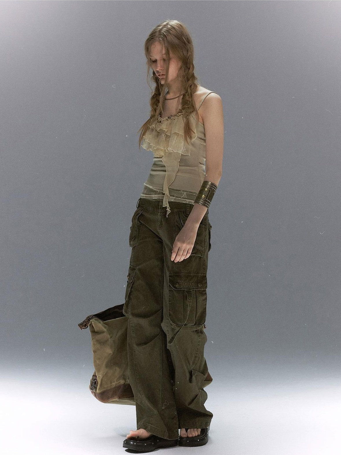 Cest Nous Distressed Multi Pocket Dual Waist Contrast Military Women&