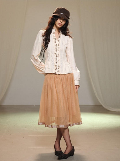 lvetong Beige Bubble Sleeve Ruffle Trim Splice Cinched Waist Women&