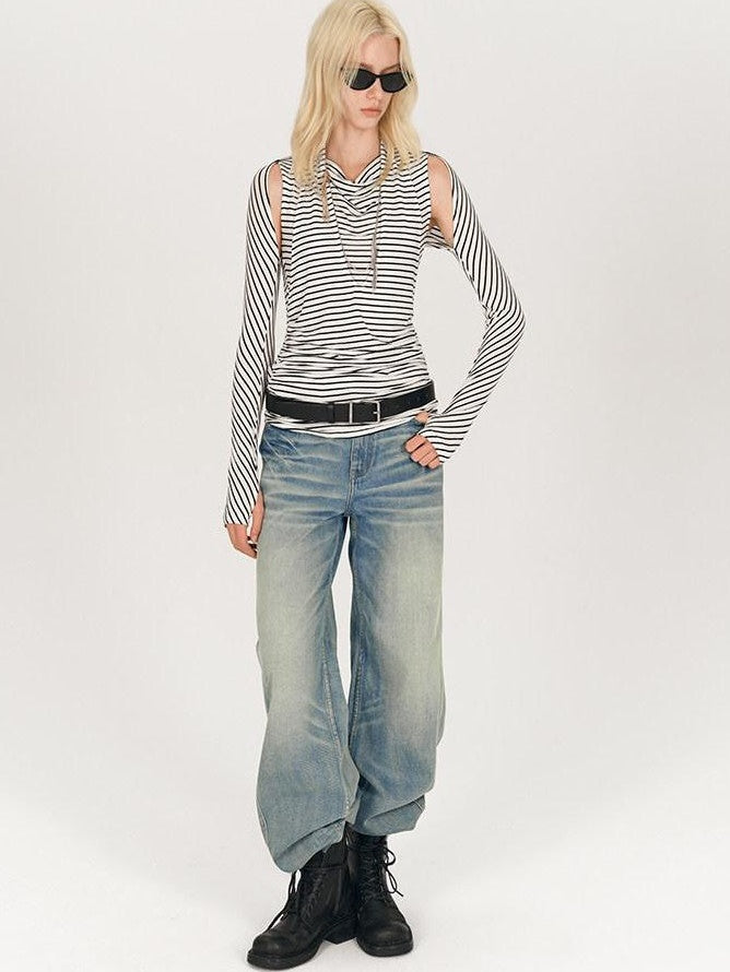 AFTADAWN Black White Striped Pleated Tie Cowl Neck Women&