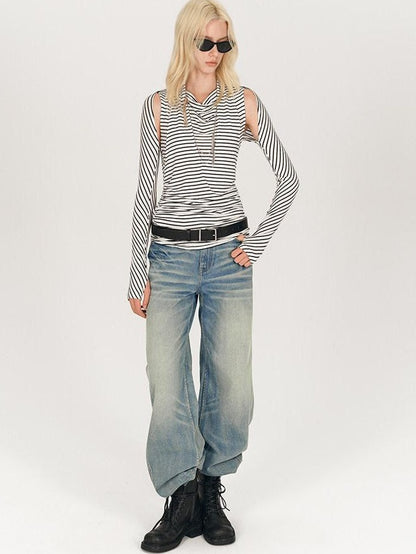 AFTADAWN Black White Striped Pleated Tie Cowl Neck Women&