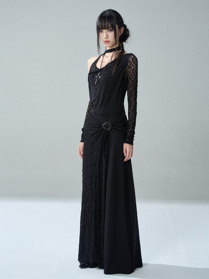 LADYGHOST Black Lace One Shoulder Long Sleeve Women&