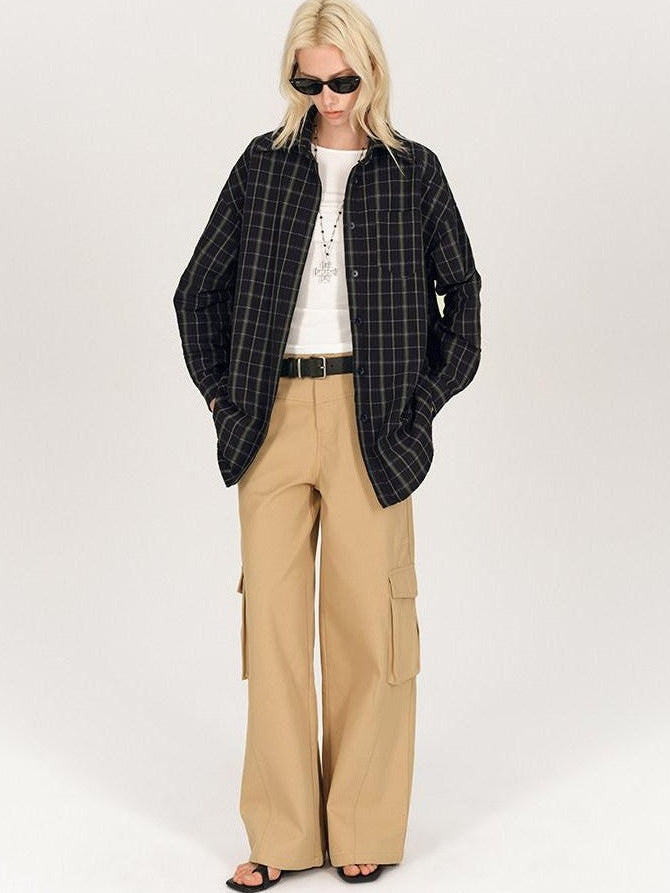 AFTADAWN Soft Textured Plaid Patchwork Collared Loose Women&