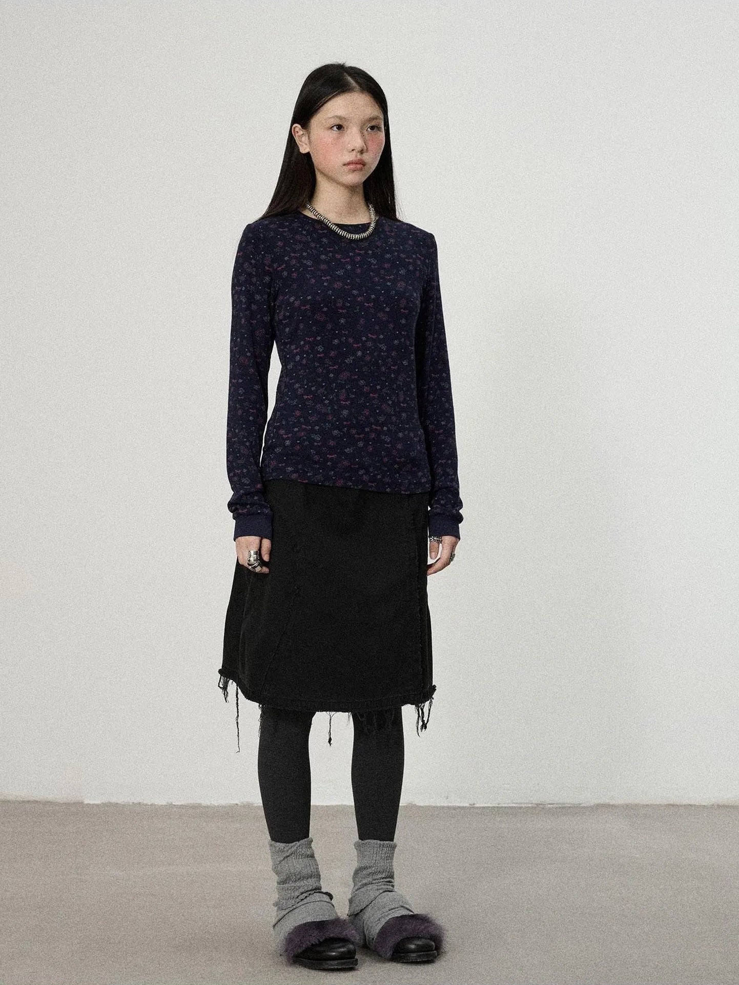 Achihara Two Piece Knit Set With Floral Print V-neck T-shirt Long Sleeve