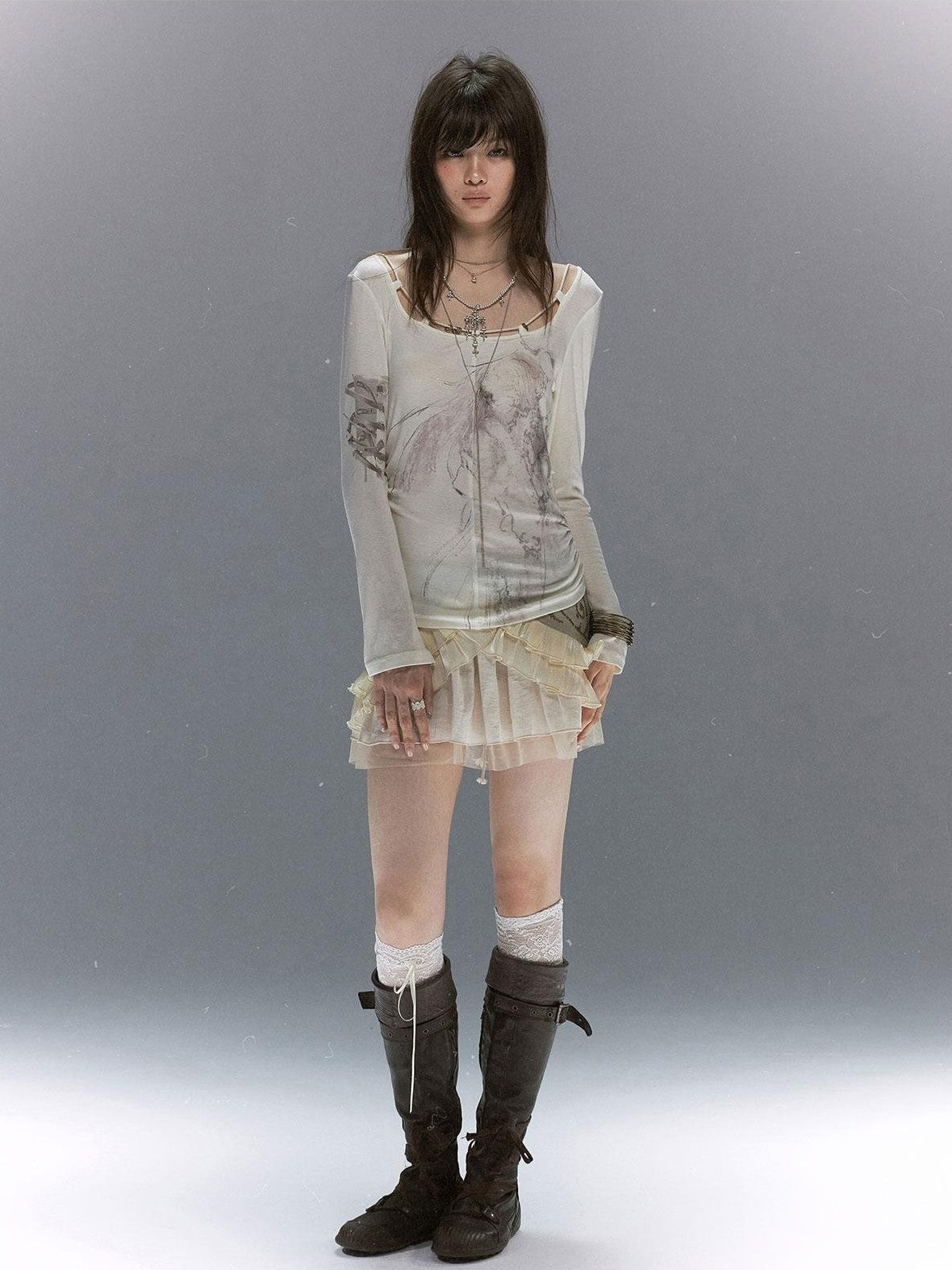 Cest Nous Sheer Lace Printed Rope Knot Women&