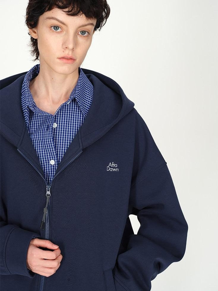 AFTADAWN Blue Hooded Zip A Line Solid Loose Women&