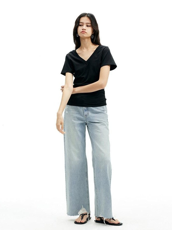 AFTADAWN Light Blue Ripped Slanted Zip Fly Women&