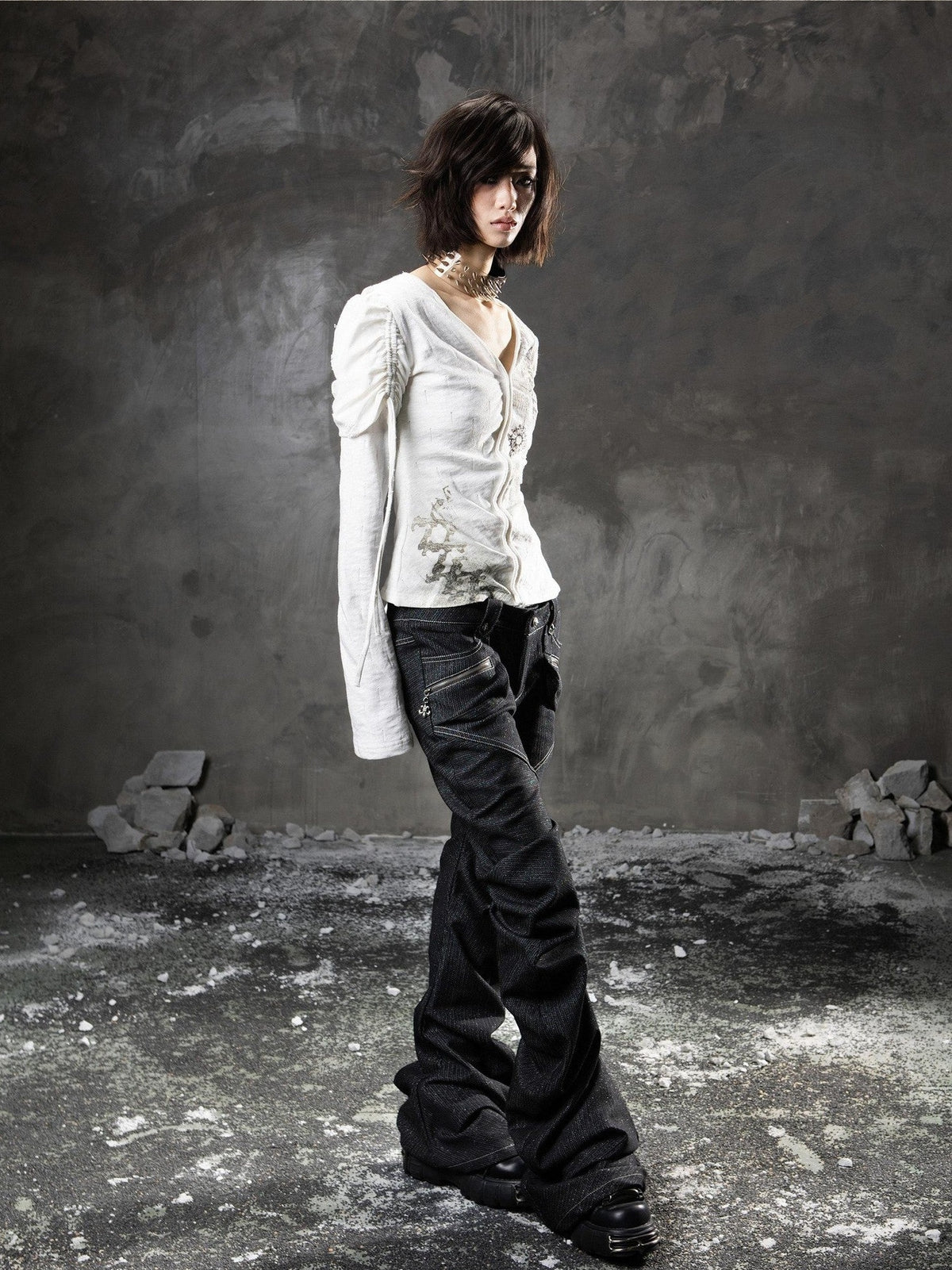 ARIADNAw Black Denim Punk Double Waistband Curved Stacked Texture Women&
