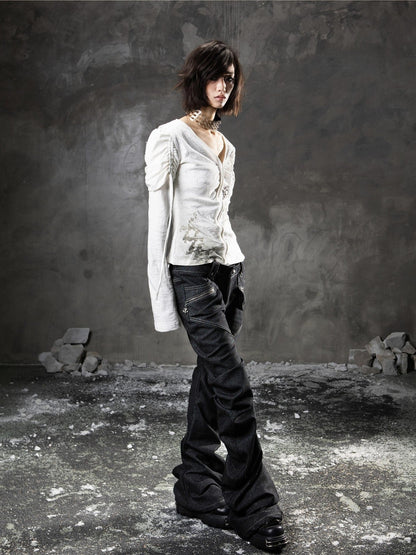 ARIADNAw Black Denim Punk Double Waistband Curved Stacked Texture Women&