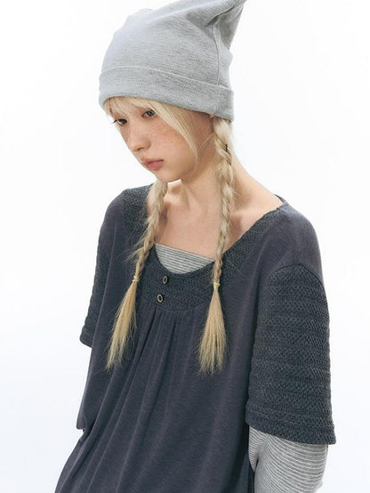 NAPSNAPS Vintage Spliced Faux Layered Round Neck Women&