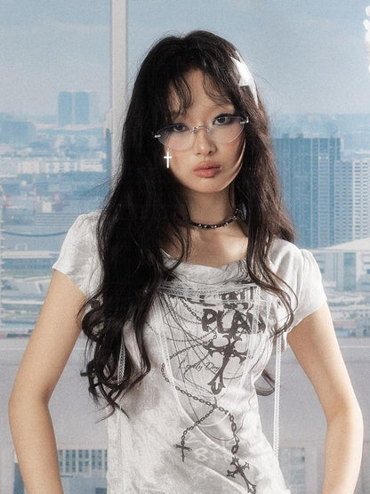 ALL iN plan Lyocell Fitted Crewneck A Line Printed Women Light Gray Short Sleeve T-Shirts