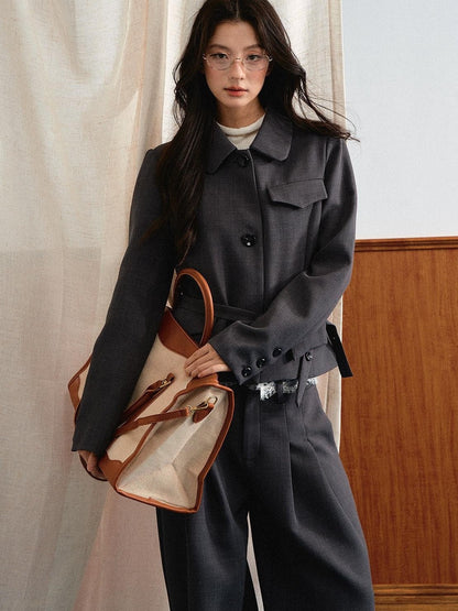 7Shiftin Lace Waistband Lapel Relaxed Korean Vintage Women&