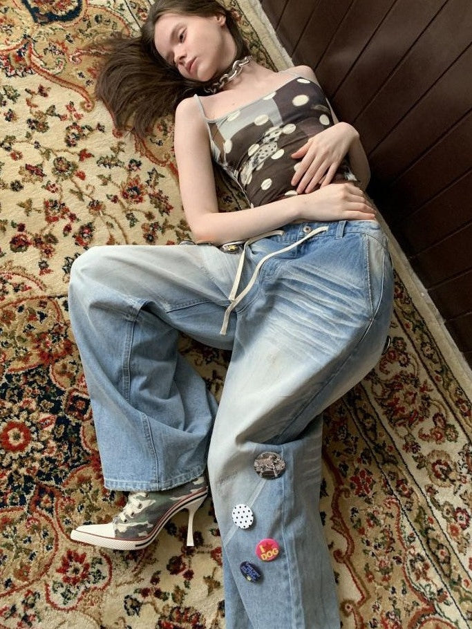 1JINN STUDIO Mud Dyed Washed Blue Distressed Whisker Scratch Women&