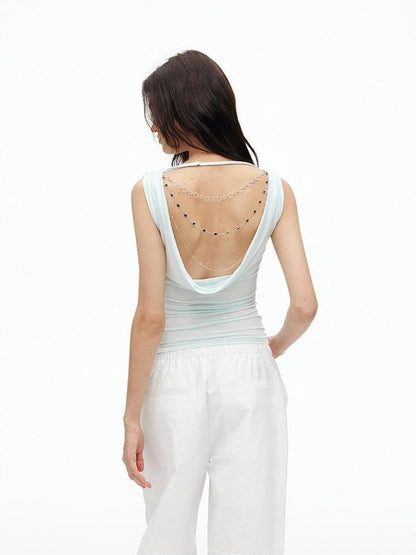 AFTADAWN Cooling Silky Backless Cowl Neck Detachable Chain Ruched Women&