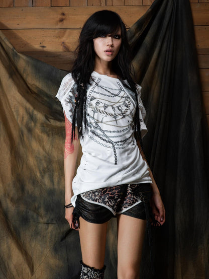 ARIADNAw Edgy Asymmetrical Drawstring Print Loose Bell Sleeve Women Short Sleeve T-Shirts