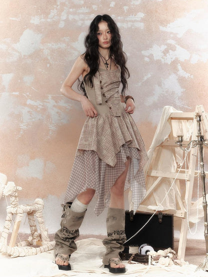 ALL iN plan High Waist Asymmetric Patchwork Spaghetti Strap Khaki Casual Midi Dresses