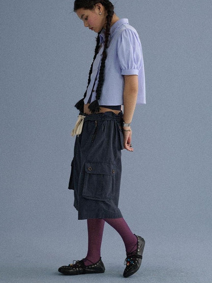 Achihara 100 Percent Cotton Pocket Commuter Natural Waist Girls Navy Grey Wide-Leg Pants