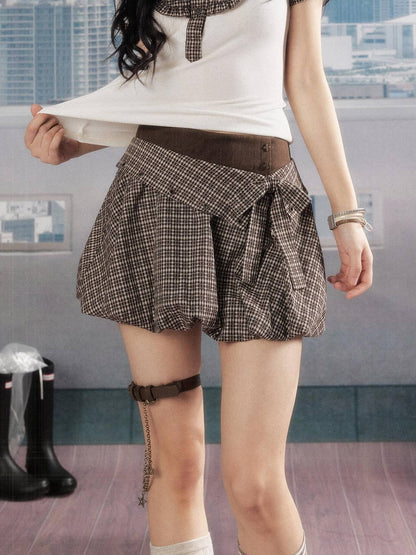 ALL iN plan Soft Modal Linen Blend Loose A Line Bow Double Waist Women Deep Brown Skirt