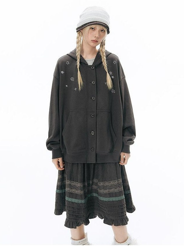 NAPSNAPS Crying Face Embroidered Vintage Button Placket Women&