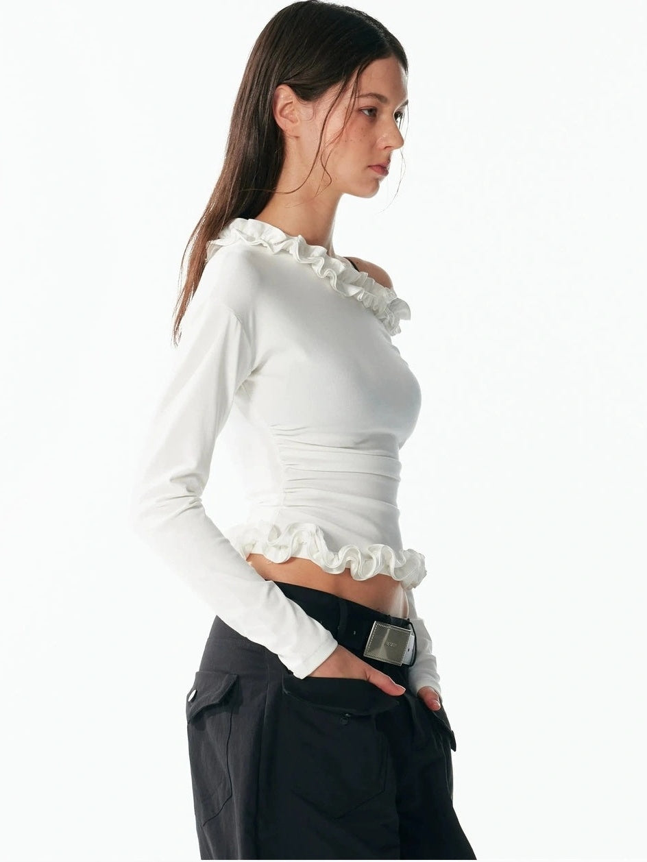 ALINNV Asymmetrical Shoulder Layered Ruffle Slim Fit Tee T-shirt