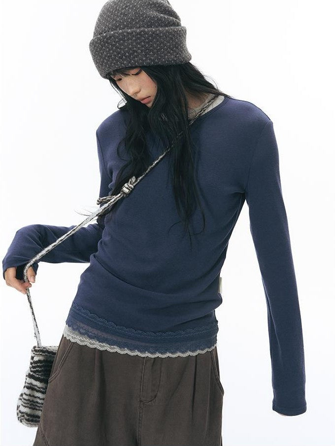 NAPSNAPS Lace Trim Splice Knit Round Neck Women&