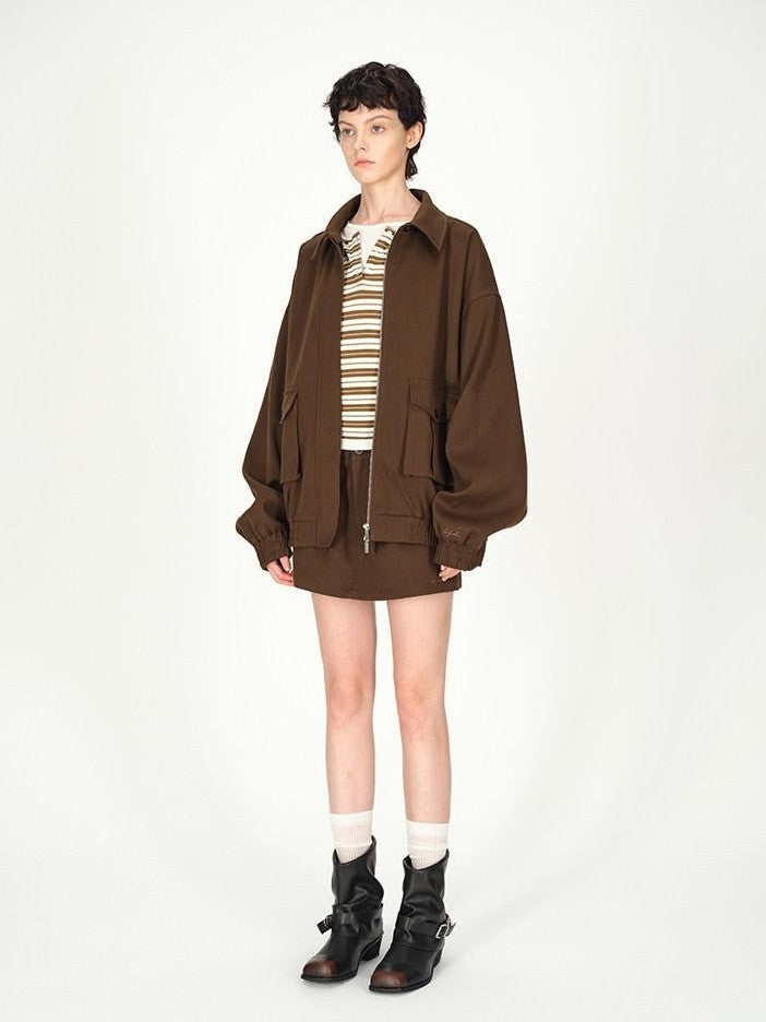 AFTADAWN Brown Lapel Double Zip Pockets A Line Women&