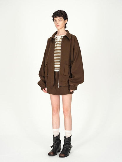 AFTADAWN Brown Lapel Double Zip Pockets A Line Women&