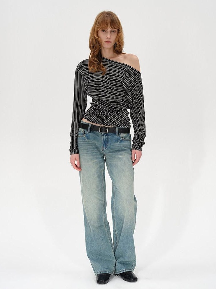 AFTADAWN Ruched Asymmetric Neck Striped Women&