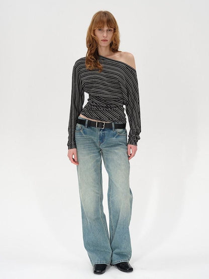 AFTADAWN Ruched Asymmetric Neck Striped Women&