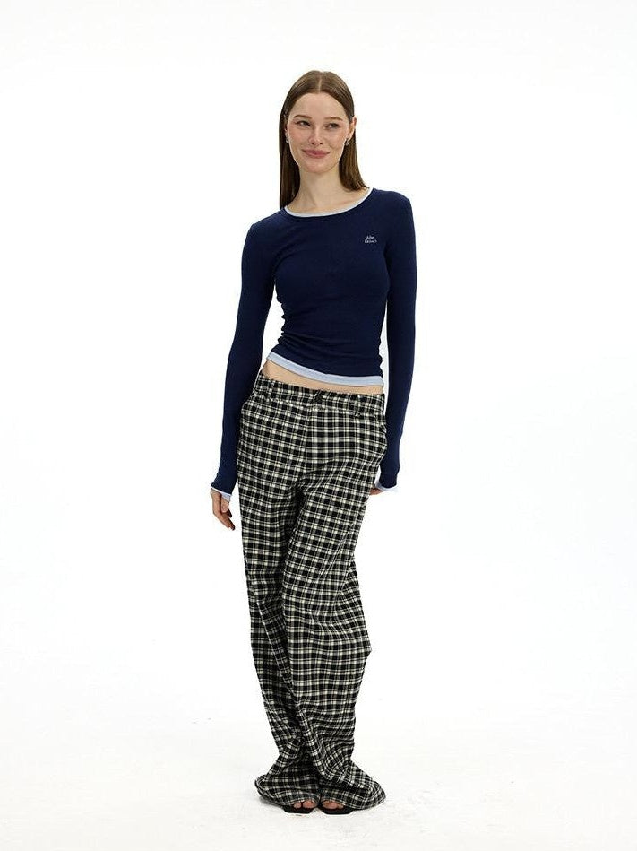 AFTADAWN Plaid Relaxed Mid Rise Natural Waist Pocketed Zip Fly Women&