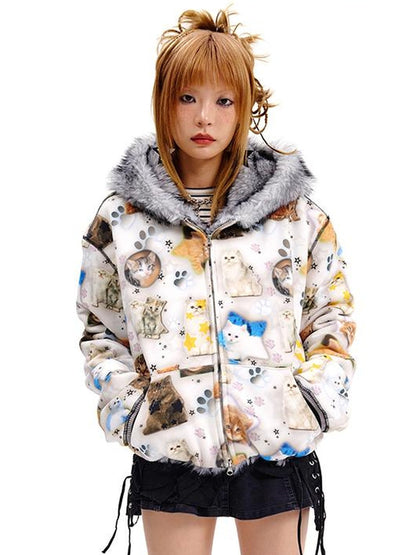 CFIERCE Reversible Cat Print Wool Coat