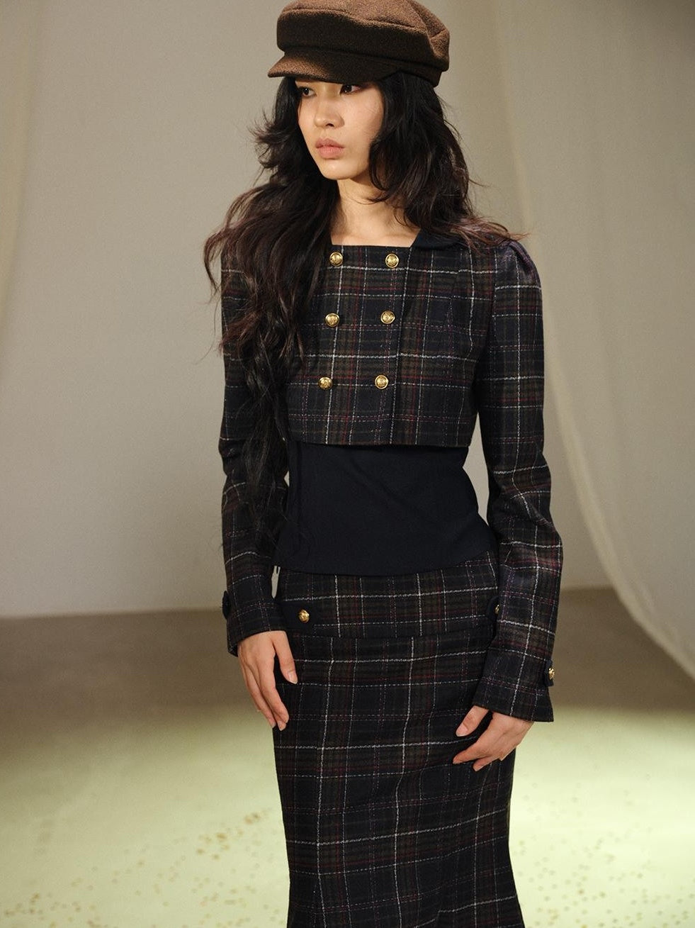 lvetong Plaid Wool Blend Cropped Jacket Long Sleeve Fishtail Skirt Women&