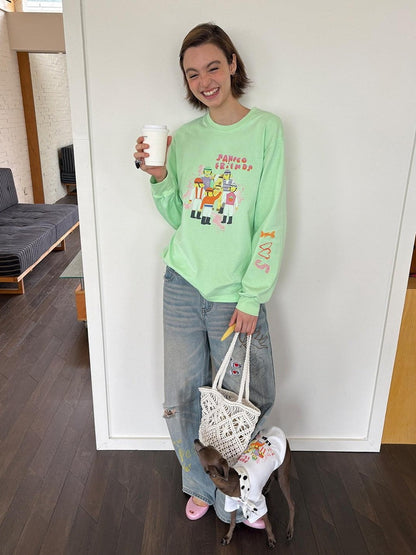 sancco house Green Printed Crewneck Loose Casual Women&