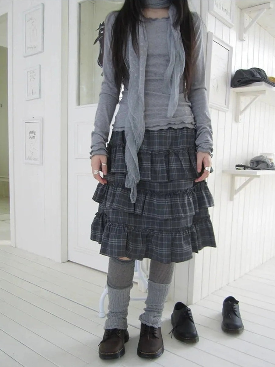ang project Vintage Gray Layered Gingham Ruffle Hem Skirt Skirt