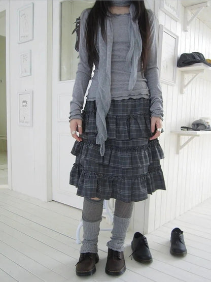 ang project Vintage Gray Layered Gingham Ruffle Hem Skirt Skirt