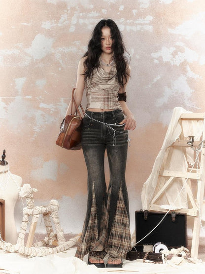 ALL iN plan Cropped Tassel Plaid Retro Draped Neck Women&