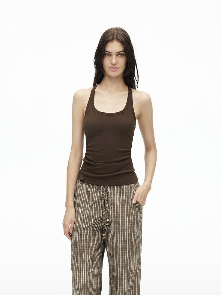 AFTADAWN Cropped Backless Beaded Ruched U Neck Slim Women&