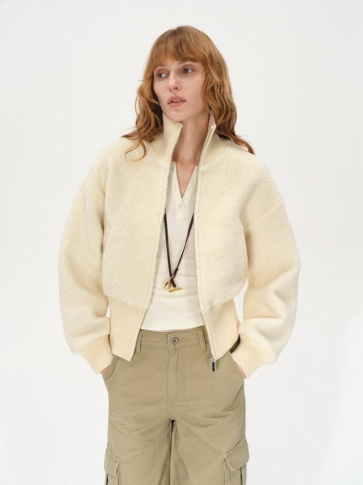 AFTADAWN Ivory Ribbed Knit Zip Stand Collar Women&
