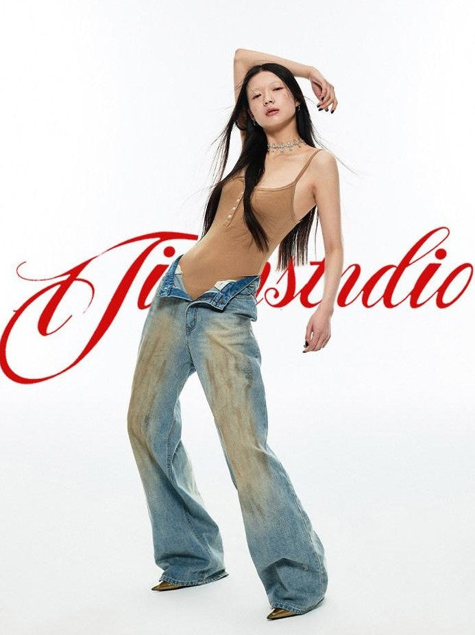 1JINN STUDIO Vintage Washed Mud Dyed Straight Cut Floor Length Women&