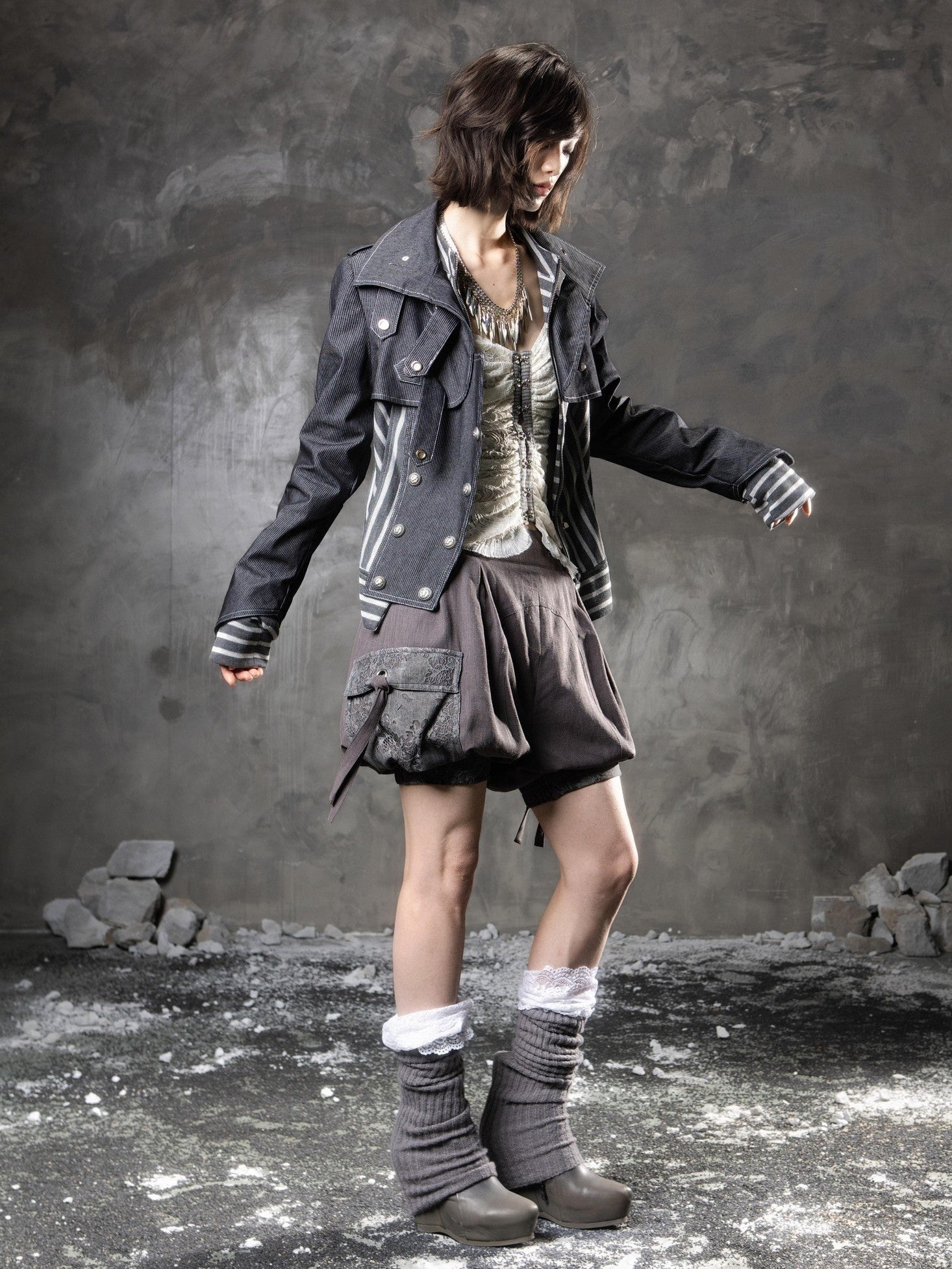ARIADNAw Denim Blue Asymmetrical Striped Patchwork Original Design Women&